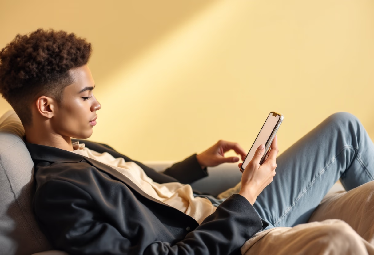 image of person using a mobile app on a couch in a tech company environment